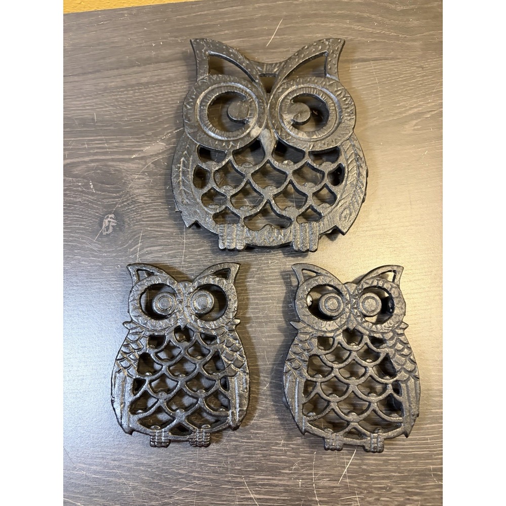 Vintage Set Of 3 Cast Iron Owl Trivets Hot Plates Taiwan Black 5" & 4"